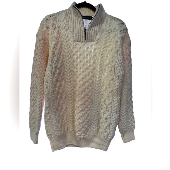 IrelandsEye Men’s Aran Knit 1/4 Zip  100% Merino Wool Turtleneck Sweater size L - Picture 2 of 9